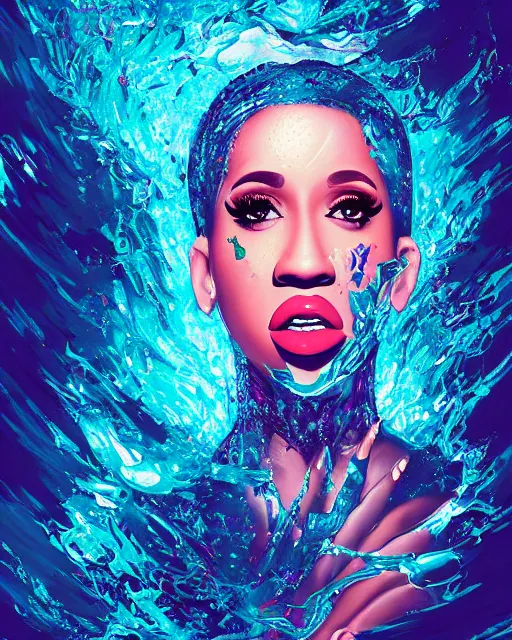 Prompt: portrait of cardi b, by petros afshar, sabbas apterus, brian sum, ross tran, shattered glass, bubbly underwater scenery, radiant light