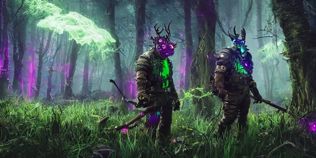 Image similar to gamekeeper hunting for mystical forest monster and wearing a steampunk and neonpunk mechanical fluorescent mystical animal mask realism in style of fornite game. full body, product introduction photos. bio luminescent, plasma, ice, water, wind, creature, artwork by tooth wu and wlop and beeple and greg rutkowski, epic cinematic shot, perfectly defined features, ambient occlusion