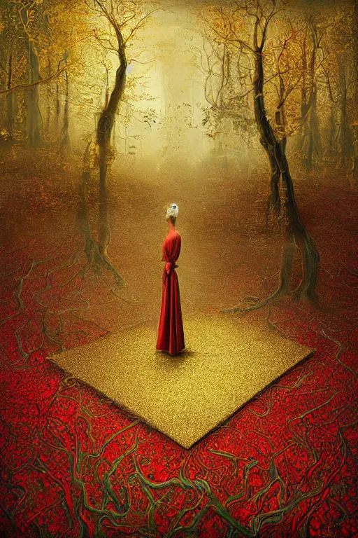 Image similar to immaculate painting of A Beautiful fine detailed gold and red and black Forest Illusion by erik johansson micro detailing