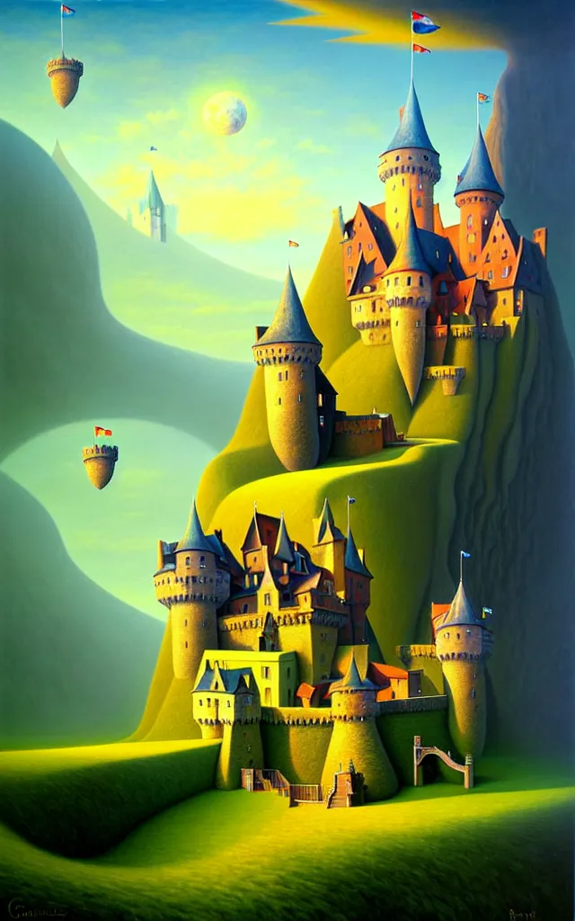 Image similar to close view of a castle an oil on canvas portrait painting of world castle happy place, volumetric light godray, surrealism, surrealist, impossible geometry, rob gonsalves, high detail fantastic gediminas pranckevicius