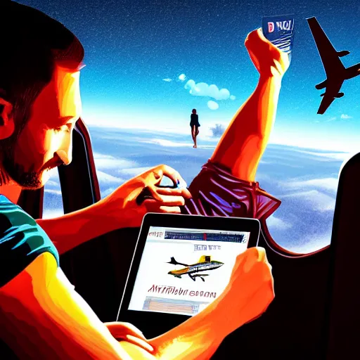 Image similar to a man has to sit in a delayed airplane while his friends enojy a climbing award - winning digital artwork