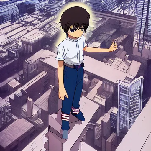 Prompt: a boy who stands on the roof of a skyscraper, anime