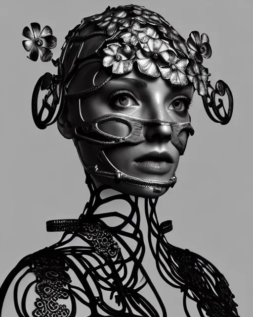 Image similar to monochrome 3 d model, 1 8 7 0 picture, silver mesh floral steampunk biomechanical beautiful young female cyborg with porcelain profile face and a techno eye, volumetric light, leaves foliage and stems, hibiscus flowers, sinuous fine roots, fine foliage lace, alexander mcqueen, rim light, big gothic fashion pearl embroidered collar, octane render, 8 k