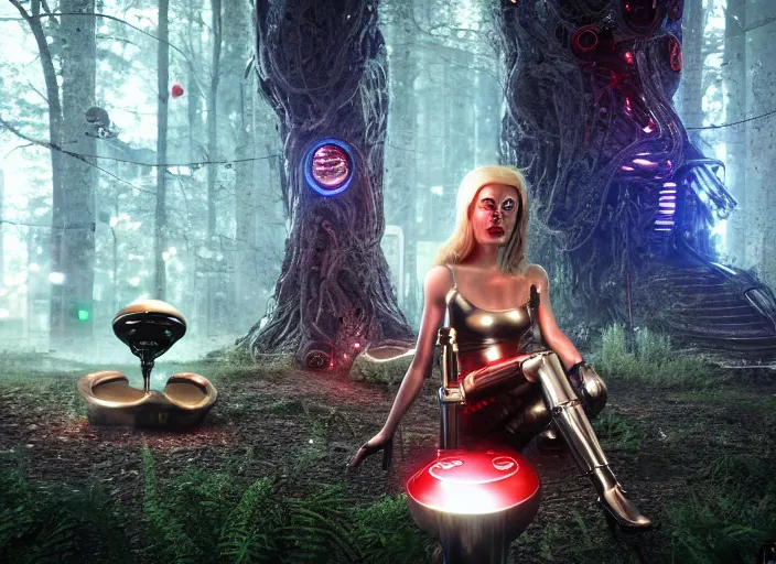 Prompt: photo of an intricate and sophisticated terminator woman with borg enhancements, blonde hair, metallic face plating with red lips, sitting on a giant mushroom in a weird magical mechanical forest and drinking a cup of tea. Very detailed 8k. Fantasy cyberpunk horror. Sharp. Unreal 5 render with nanite, global illumination and path tracing. Cinematic post-processing