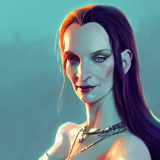 Image similar to portrait of uma thurman as the queen of blades, mattepainting concept blizzard pixar maya engine on stylized background splash comics global illumination lighting artstation, sharp focus, lois van baarle, ilya kuvshinov, rossdraws