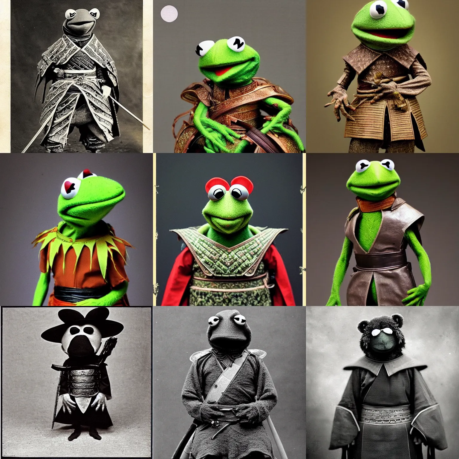 Prompt: “Kermit the frog in full samurai armour, 1900’s photo”