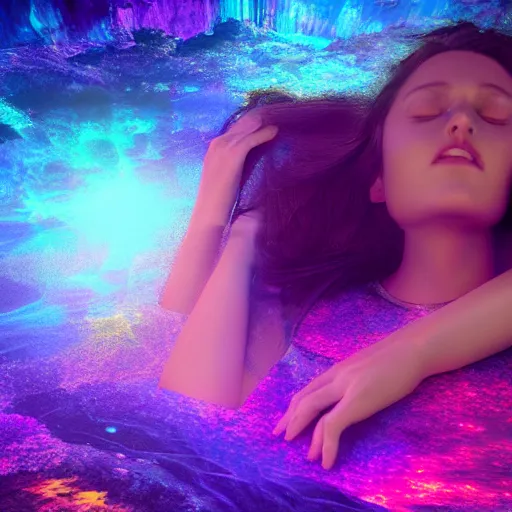 Image similar to photorealistic goddess sleeping in a 4 d dmt world. hyperdetailed photorealism, 1 0 8 megapixels, amazing depth, high resolution, 3 d shading, 3 d finalrender, 3 d cinematic lighting, glowing rich colors, psychedelic overtones, artstation concept art.