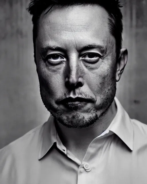 Image similar to closeup prison mugshot of elon musk, dramatic lighting, dirty business suit, low saturation, somber expression, filthy hair, rugged textured face, soft vignette, soft focus, 5 0 mm, 4 k, photograph by annie leibovitz