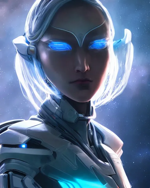 Image similar to perfect android girl on a mothership, warframe armor, beautiful face, scifi, futuristic, galaxy, nebula, raytracing, dreamy, long white hair, blue cyborg eyes, sharp focus, cinematic lighting, highly detailed, artstation, divine, by gauthier leblanc, kazuya takahashi, huifeng huang