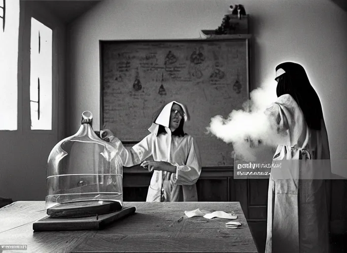 Image similar to realistic photo two medieval female scientists doing an experiment with a cloud and rainbow, living room interior is made of wood 1 9 9 0, life magazine reportage photo