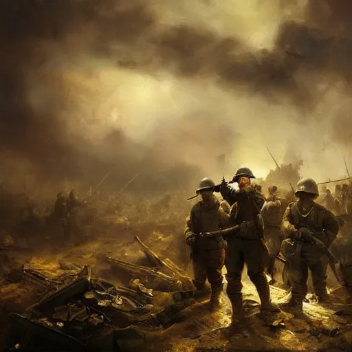 Prompt: high quality oil painting of a world war II scene by Rembrandt and Raymond Swanland, dark background, high fantasy, perfect lighting, 8k, HD