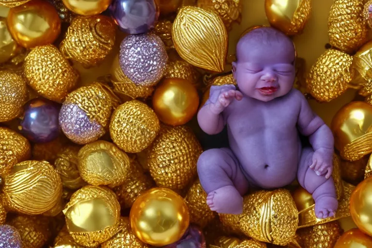 Image similar to baby thanos waving a golden rattle with colored gems