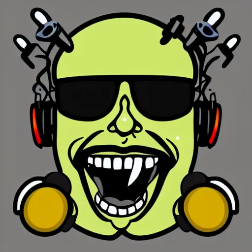 Image similar to svg vector sticker of absolutely insane-mad-scientist-villain, rocking out, wearing headphones, huge speakers, dancing, rave, DJ, spinning records, digital art, amazing composition, rule-of-thirds, award-winning, trending on artstation, featured on deviantart