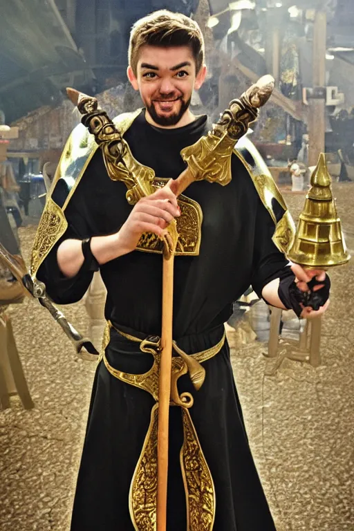 Prompt: Jacksepticeye is a holy crusader wielding a giant golden bell on a stick as his weapon