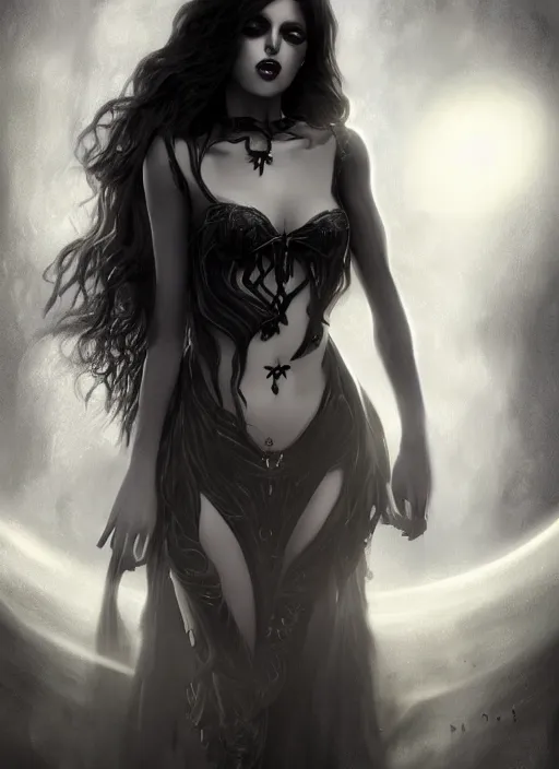 Prompt: 4k HD digital full body portrait, A gothic Luna goddess with long wavy hair made of shimmering-stardust, dark shadows, contrast, concept art, sharp focus, digital art, Hyper-realistic, 4K, Unreal Engine, Highly Detailed, Dramatic Lighting, Beautiful, by bastien lecouffe-deharme