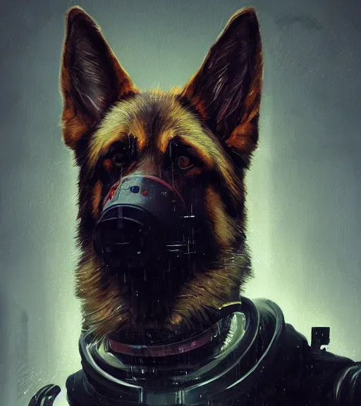 Image similar to new york city portrait of furry anthro anthropomorphic german shepard head animal person fursona wearing clothes strange cybernetic muzzle gloomy rainy cyberpunk digital art by Greg Rutkowski, Simon Stalenhag, christopher nolan trending on Artstation, CGSociety