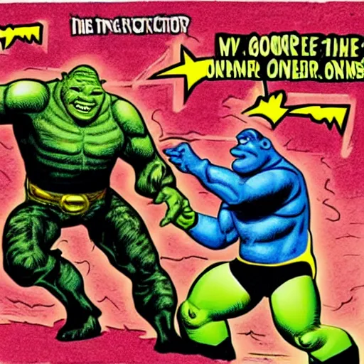 Image similar to terminator killing shrek, illustration by Jack Kirby