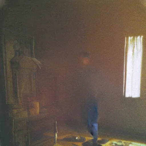 Prompt: coloured atmospheric polaroid photo of a realistic wraith figure in a interior of dining ro! dream coloured atmospheric polaroid photo of a with transparent ghostly banshee corpse body floating in old living room interior - n 9 om low light atmospheric