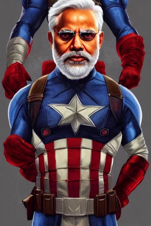 Image similar to Narendra Modi as Captain America, claws are up, red and blue Captain America costume, Narendra Modi hairstyle and beardstyle, calm, grumpy, portrait, masculine figure, highly detailed, digital painting, artstation, concept art, smooth, sharp focus, illustration, cinematic lighting, art by artgerm and greg rutkowski and alphonse mucha