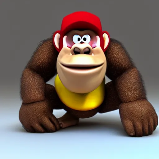 Image similar to Donkey Kong slips on a banana, 3D render, detailed clay model