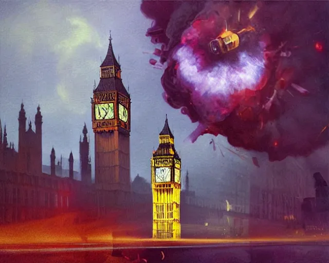 Image similar to big ben destroyed by a powerful juice explosion, painting by frank frazetta, 3 d rendering by beeple, wlop