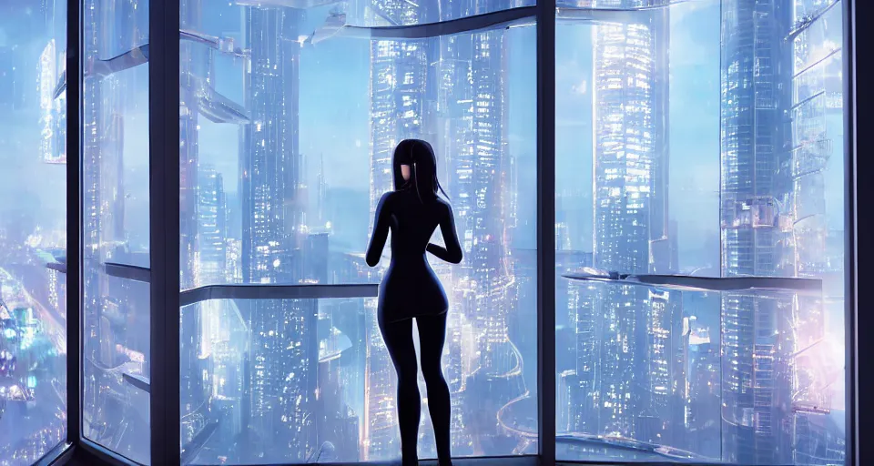 Prompt: back of woman dressed in sleek futuristic fashion looking out a penthouse window at a panoramic view of a cyberpunk city at night, bokeh lights, anime, ilya kuvshnikov, guweiz