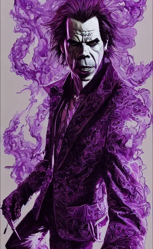 Image similar to full body portrait of nick cave with a lot of purple smoke coming out of his mouth!!!, concept art, sumi - e style, intricate linework, artstation, trending, highly detailed, smooth, focus, art by yoji shinkawa and glenn fabry,