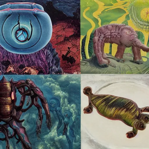 Image similar to a giant tardigrade kaiju retro japanese, monster slimy, oil painting, 7 0 s vintage art, by georgia o keeffe, by kay nielsen, by gustave dore, by frank frazetta, nausicaa, collage, by james gurney