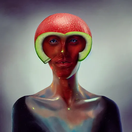 Prompt: a surrealistic painting of a beautiful transhuman woman that seems to be made of warermelon. Artstation HQ 4K