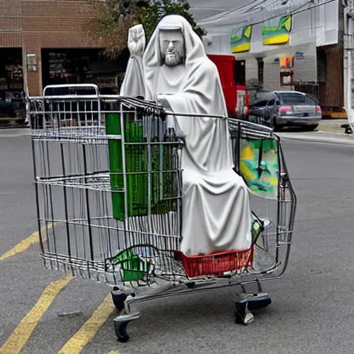 Image similar to a photograph of shopping cart jesus : savior of the downtrodden