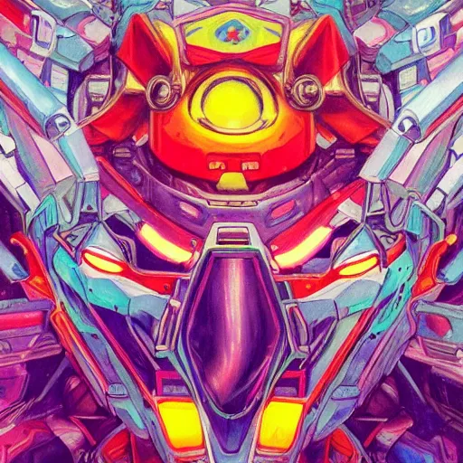 Image similar to An extremely Gundam psychedelic experience, colorful, surreal, mecha, scifi, LSD, face, jet turbine, tarot, detailed, intricate, elegant, highly detailed, super detailed, insane detailed, digital painting, concept art, smooth, sharp focus, illustration, art by josan gonzales, Krenz Cushar, Marco Plouffe, dan mumford, Artem Demura and alphonse mucha