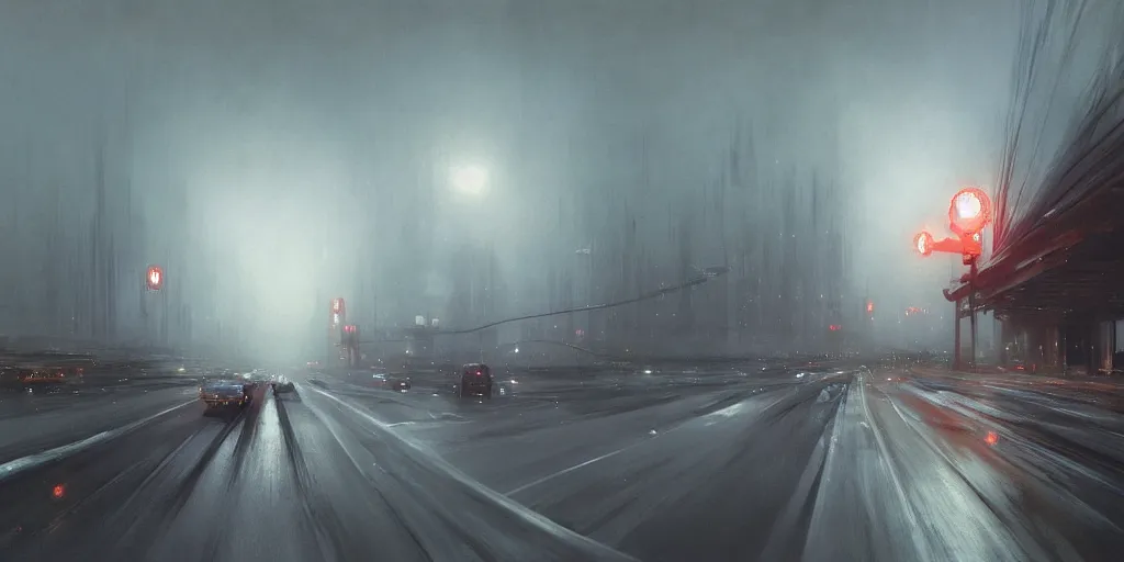 Prompt: a highly detailed epic cinematic concept art CG render digital painting artwork: Japanese highway, fog. By Greg Rutkowski, in the style of Francis Bacon and Syd Mead and Norman Rockwell and Beksinski, open ceiling, highly detailed, painted by Francis Bacon and Edward Hopper, painted by James Gilleard, surrealism, airbrush, Ilya Kuvshinov, WLOP, Stanley Artgerm, very coherent, triadic color scheme, art by Takato Yamamoto and James Jean