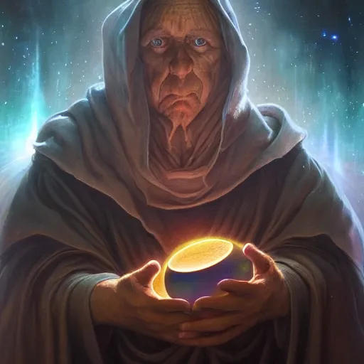 Image similar to the creator of worlds wearing a cloak and holding a holographic planet projection in his hand, detailed, sci - fi, digital painting, artstation, sharp focus, illustration, ominous, artgerm, tomasz alen kopera, peter mohrbacher, donato giancola, joseph christian leyendecker, wlop, frank frazetta