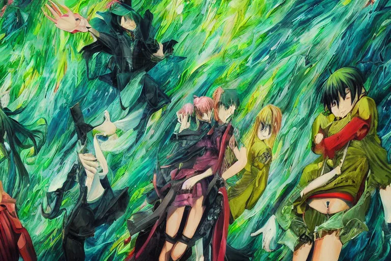 Prompt: oil painting of anime posters on a green wall, green overtones, highly detailed, stylized, abstract