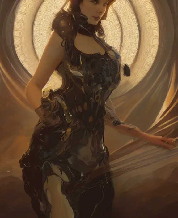 Image similar to portrait of a futuristic woman, half body, d & d, fantasy, intricate, elegant, highly detailed, digital painting, artstation, concept art, art by artgerm and greg rutkowski and alphonse mucha, boris vallejo