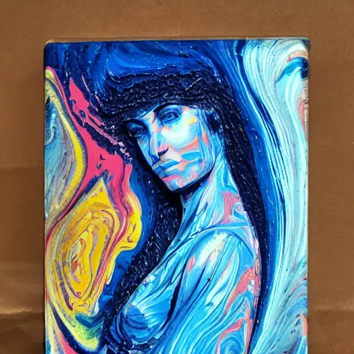 Image similar to acrylic paint pour of gorgeous woman, marbling, very detailed, 8k 4k :1 navy blue and cyan:1