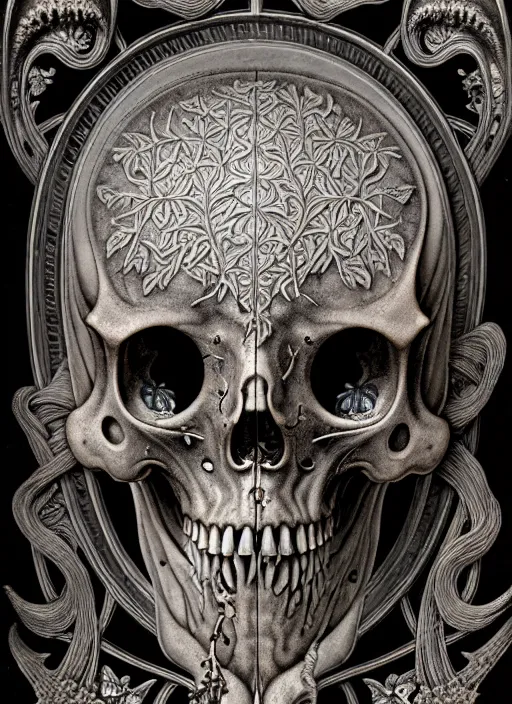 Image similar to art forms of nature by ernst haeckel, memento mori by arthur rackham, ornate antique porcelain beautiful skull mask, ultrasharp, photorealistic, hyperdetailed, octane render, polished, art nouveau, neo - gothic, gothic, intricate ornamental organic filigree, art nouveau botanicals, art forms of nature by ernst haeckel, horizontal symmetry, symbolist, visionary