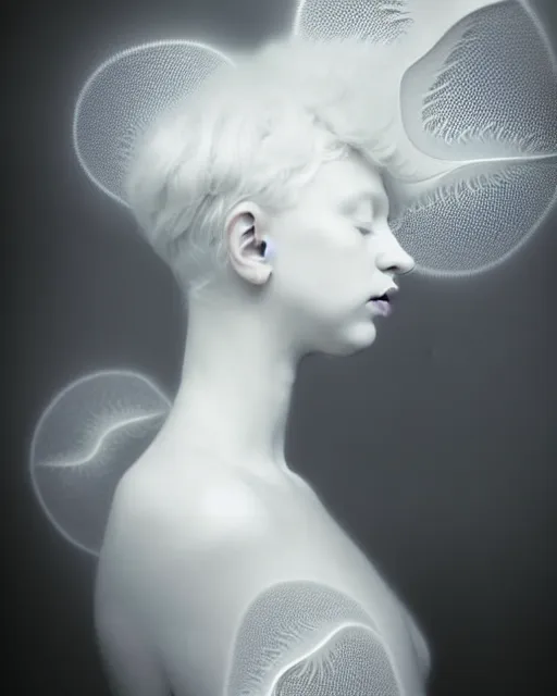 Image similar to dreamy foggy soft luminous bw art photo, beautiful young spiritual albino angelic cyborg biomechanical mandelbrot fractal porcelain profile face, very long neck, halo, white smoke atmosphere, rim light, big leaves and stems, fine foliage lace, alexander mcqueen, art nouveau fashion pearl embroidered collar, steampunk, elegant