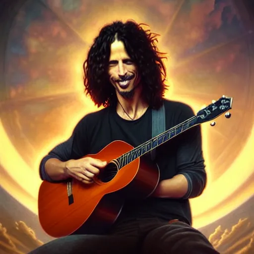 Image similar to portrait painting of chris cornell playing guitar in heaven, happy smile on his face, ultra realistic, concept art, intricate details, eerie, highly detailed, photorealistic, octane render, 8 k, unreal engine. art by artgerm and greg rutkowski and magali villeneuve and alphonse mucha