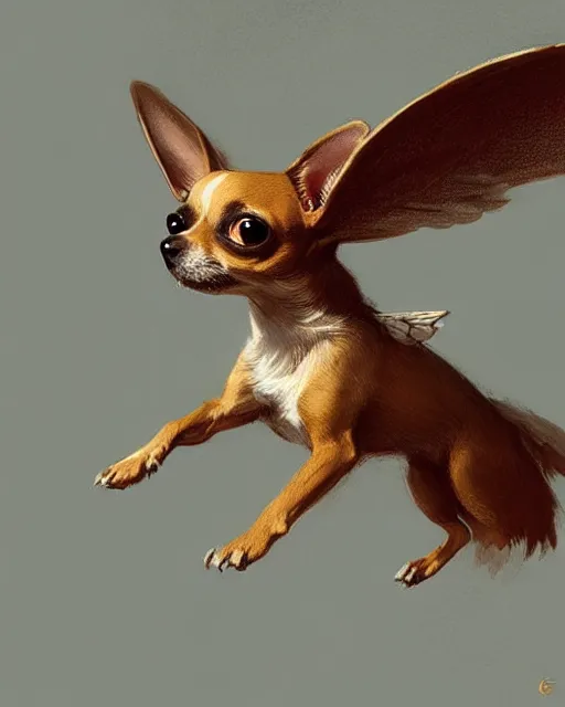 Image similar to a cute magical flying chihuahua with wings, fantasy art drawn by disney concept artists, greg rutkowski, golden colour, high quality, highly detailed, elegant, sharp focus, concept art, character concepts, digital painting, mystery, adventure