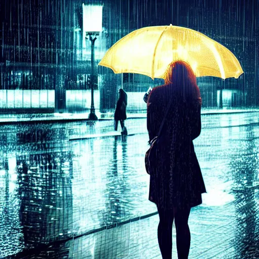 Image similar to of london city at night in the rain reflections and a beautiful women with an umbrella artistic digital art lots of detail cinematic uplighting