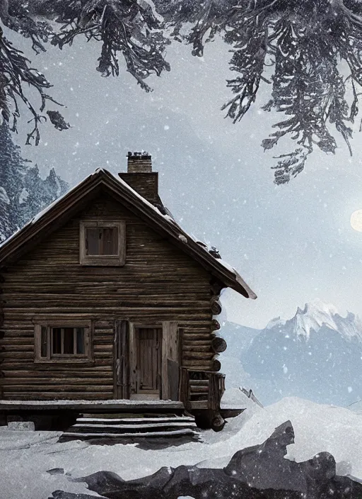 Image similar to an abandoned cabin on the top of a snowy mountain, waxing moon, greg rutkowski, 8 k, shallow depth of field, intricate detail, concept art,