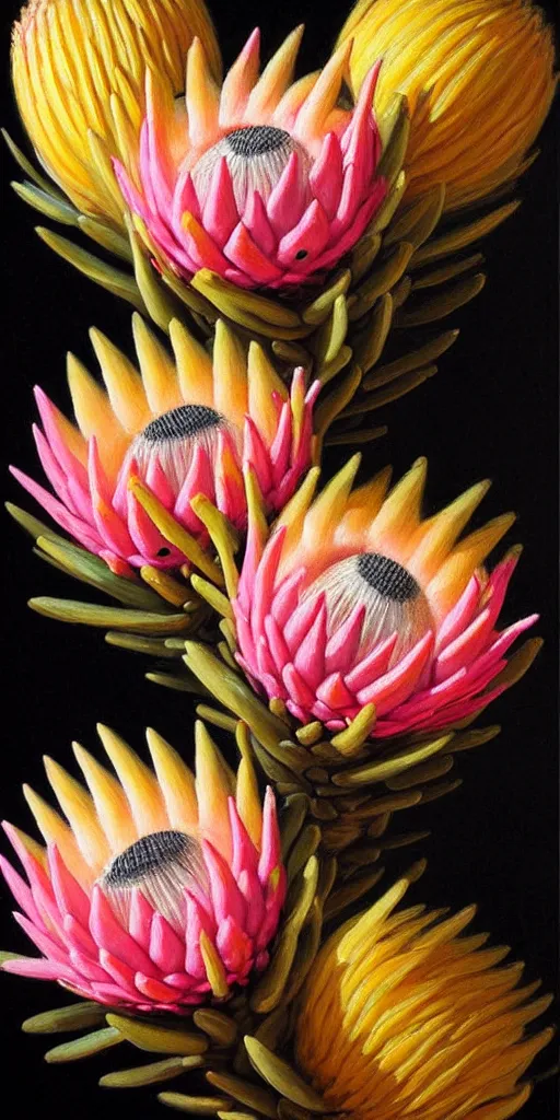 Image similar to detailed pink and yellow protea pincushions against a black backdrop by thomas cole, detailed brush strokes, oil painting, artstation