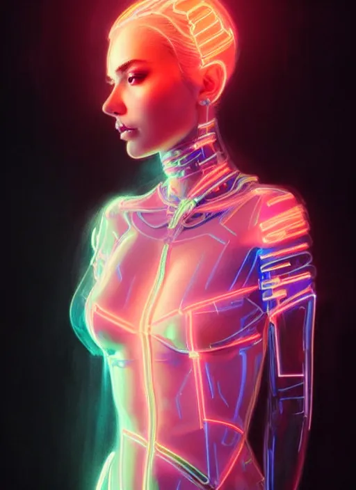 Image similar to portrait of female humanoid in transparent acrylic fashion wear, intricate, elegant, cyber neon lights, highly detailed, digital photography, artstation, glamor pose, concept art, smooth, sharp focus, art by artgerm and greg rutkowski