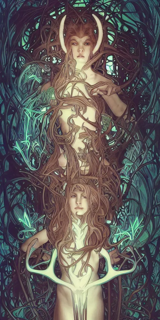 Image similar to intense bioluminescent glowing pagan god with horns and pure black eyes in very dark forest by artgerm and alphonse mucha, portrait, fantasy, clear, light beams, lens flare, intense, uhd, amazing depth, cinematic lighting