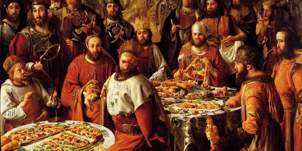 Prompt: a realist portrait of nicolas cage eating pizza and chicken nuggets at a grand feast, staring at the viewer, intense, as a medieval king by andrey shishkin, oil on canvas