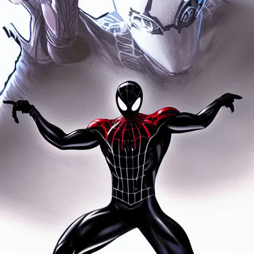 Prompt: symbiote spider - man, drawn by artgerm