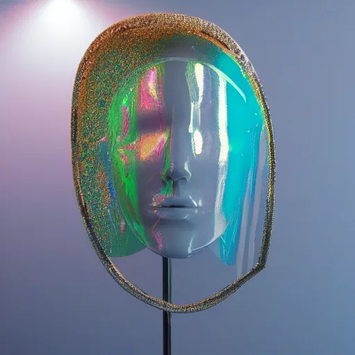 Image similar to an ultra high definition professional studio quality photograph of a transparent iridescent perspex pastel coloured ornate head dress on a white coat hook in an empty white room. dramatic lighting, ray tracing, refraction, shallow d. o. f, colour corrected, golden ratio, three point light. volumetric shadows..