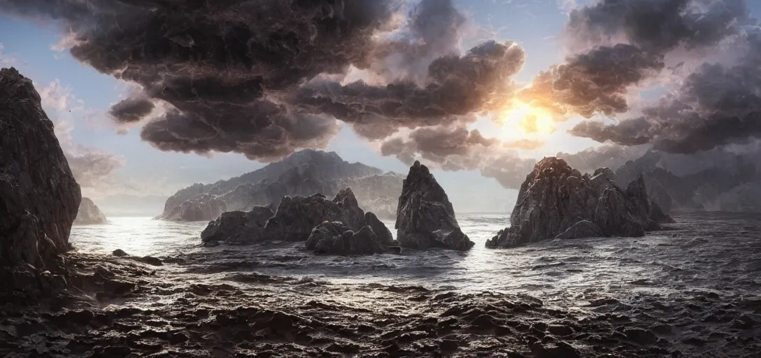 Image similar to octane render uhd, 8 k art photography, filmic lighting, cinematic art shot, hyperrealistic, hyperdetailed, super detailed, 8 k, high resolution, vast dark granite landscape with mysterious strangle glowing crystalline structure made of white rocks in the far distance, particle simulation, painting by ross tran and ivan aivazovsky, black water, sunset