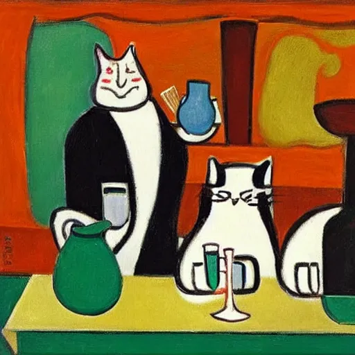 Image similar to three cats drinking in a bar, matisse